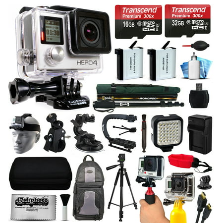 GoPro HERO4 Hero 4 Black Edition 4K Action Camera Camcorder with 2x Micro SD Cards, 2x Battery, Charger, Backpack, Helmet Strap, Handle, Car Mount, Selfie Stick, Tripod, Case, LED Video Light and more