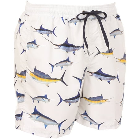 Sakkas Scott Mens Sailor Swordfish Printed Skate Surf Board Short / Swim Trunk - White - Small