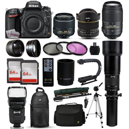 Nikon D750 DSLR SLR Digital Camera + 18-55mm VR II + 6.5mm Fisheye + 55-300mm VR + 650-2600mm Lens + Filters + 128GB Memory + Action Stabilizer + i-TTL Autofocus Flash + Backpack + Case + 70\