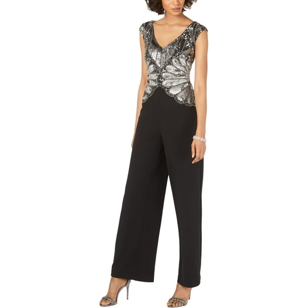 Adrianna Papell Womens Beaded V-Neck Jumpsuit