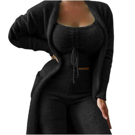 Boho Tops for Women Solid Color Ladeis Workout Sets Vests Long Sleeve Overcoat Tops Long Pants Suits Pajamas 3-piece Set (Large Black)
Boho Tops for Women Solid Color Ladeis Workout Sets Vests Long Sleeve Overcoat Tops Long Pants Suits Pajamas 3-piece Set (Large Black)