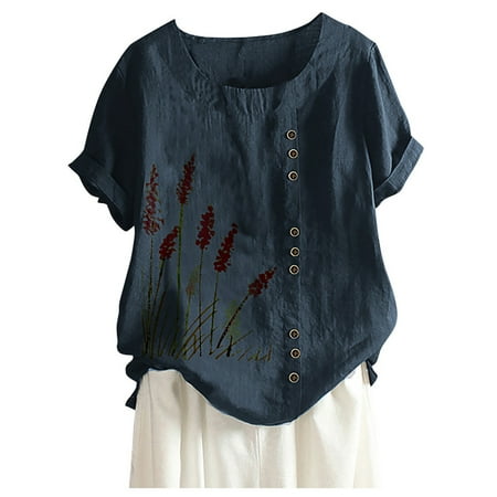 Women Summer Cotton Linen Tshirt Tops Trendy Casual Loose Fit Tunic Tees Short Sleeve Plus Size Buttons Blouses