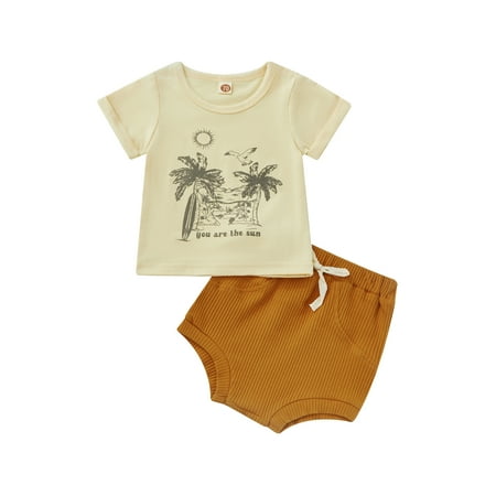 Sunisery Newborn Baby Girls 2pcs Clothes Outfits Short Sleeve Printed T-Shirt Ribbed Drawstring Shorts Dark apricot 6-12 Months
Sunisery Newborn Baby Girls 2pcs Clothes Outfits Short Sleeve Printed T-Shirt Ribbed Drawstring Shorts Dark apricot 6-12 Months