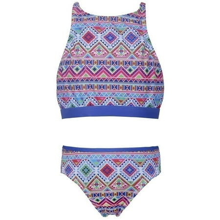 Girls Blue Pink Tribal Geo Print Halter Top Bikini Set