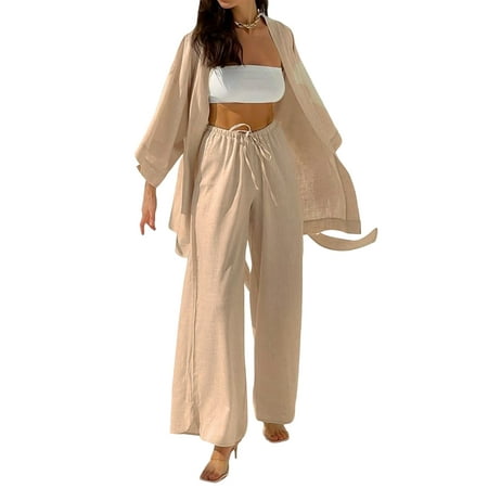 Qmyliery Women s Pajamas Outfits Solid Color Long Sleeve Cardigan Tops with Belt + Elastic Waist Tie-Up Long Pants Set
Qmyliery Women s Pajamas Outfits Solid Color Long Sleeve Cardigan Tops with Belt + Elastic Waist Tie-Up Long Pants Set