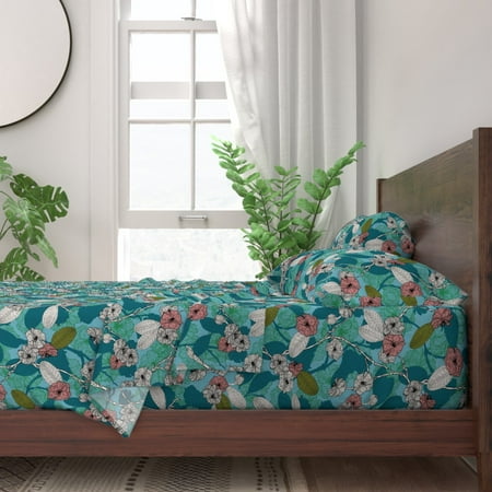 Cherry Blossom Blossom Japanese Floral 100% Cotton Sateen Sheet Set by Roostery