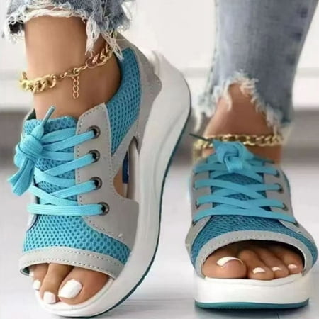 

Women Lace-Up Muffin Sandals Contrast Paneled Cutout Heeled Sandals Flip Flops for Daily Wear Summer Dressy Party