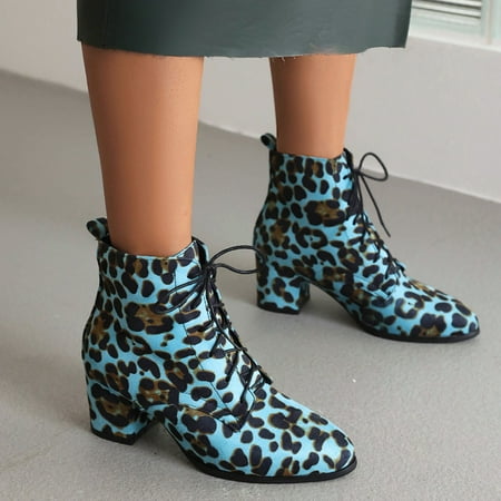 KEUSN Fashion Women s Shoes Suede Thick Heel High Heeled Leopard Printing Front Lace Up Short Boots