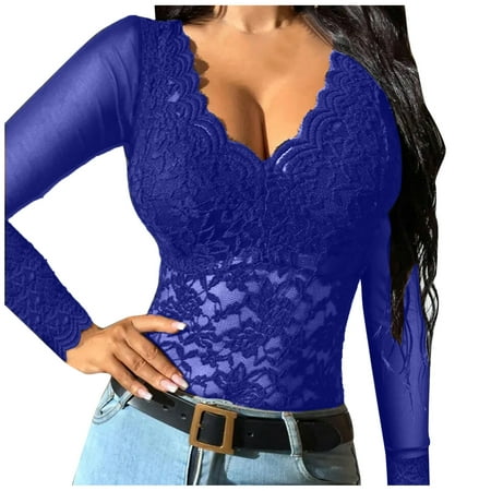 

Underwear Women High Waist Shirt See Through Casual Slim Fit Tops Embroidery Sheer Mesh Lace Long Sleeve Top Deep V Neck Temperament Trim Plunging Lingerie Vest Lingerie