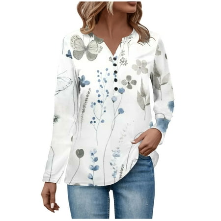 

DENGDENG Womens Work Shirts Summer Butterfly Henley Tops Business Casual Ladies Long Sleeve Tunic Maternity Button UP Blouse Western Fall Outfits V Neck Plus Size Clothing White M