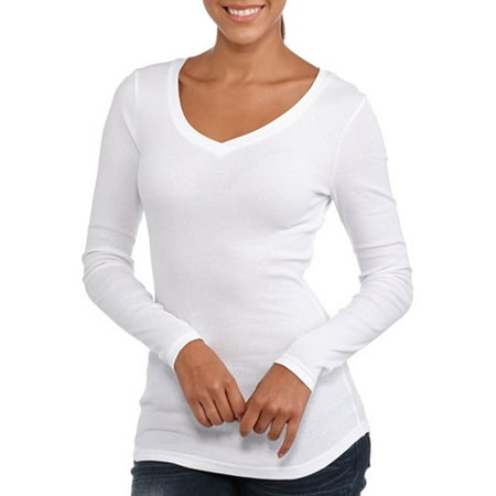 Juniors' Ribbed V Neck Long Sleeve Tee