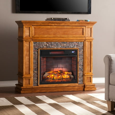 Mishal Faux Stone Infrared Media Fireplace, Sienna