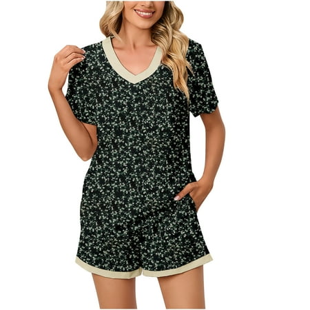 Womens Pajama Sets 2 Piece Casual Printed V Neck Short Sleeve Tops High Waist Shorts Sets Sleepwear with Pockets Ladies Clothes
Womens Pajama Sets 2 Piece Casual Printed V Neck Short Sleeve Tops High Waist Shorts Sets Sleepwear with Pockets Ladies Clothes
