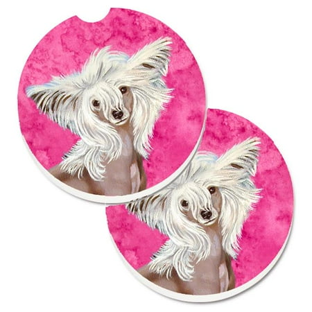 Pink Chinese Crested Set of 2 Cup Holder Car Coaster
