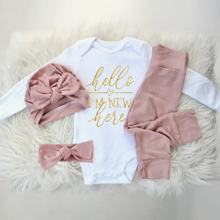 Infant Newborn Baby Girls I AM NEW Outfits Romper Bodysuit Tops + Long Pants + Hat + Headband 4Pcs Clothes Set
Infant Newborn Baby Girls I AM NEW Outfits Romper Bodysuit Tops + Long Pants + Hat + Headband 4Pcs Clothes Set