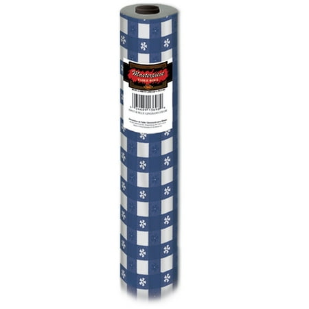 100' Blue and White Gingham Disposable Plastic Banquet Party Table Roll
