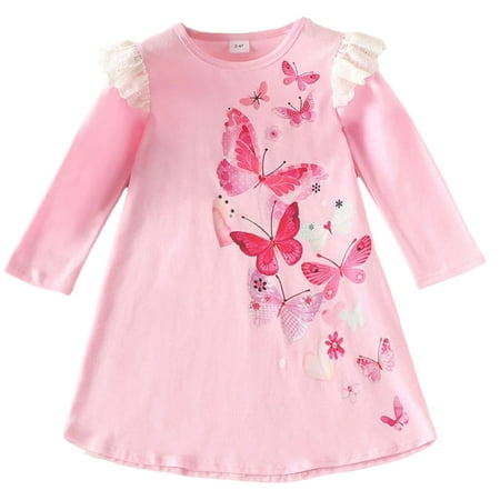 Popshion Toddler Girls Butterfly Pink Shift Dress Long Sleeve Spring Summer Dresses 18M-6T