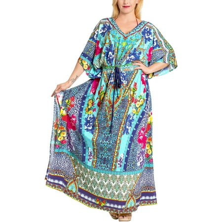 HAPPY BAY Women s Oversize Caftan Maxi Boho Nightwear 2X-3X Cyan-AC308