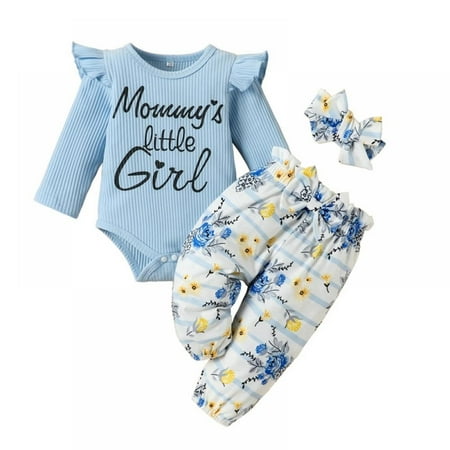 SYNPOS 3Pcs Clothes Set Newborn Toddler Baby Girl Romper Floral Pant Headband Outfits Set Baby Girls Fall Outfits