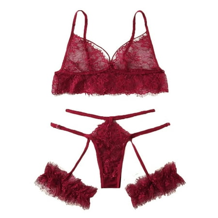 Intimates Fashion Women Eyelash Lace Garter V-neck Lingerie Set Badydoll Underwear Polyester no underwire sports bra Wine