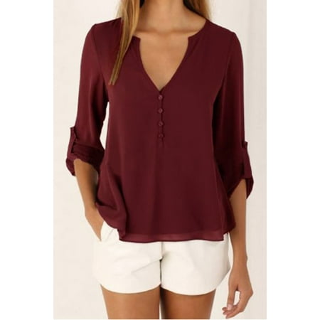 DYMADE Women Chiffon V-Neck Button Back Solid Long Sleeve Blouse Top Shirts