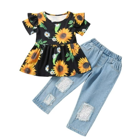 YWDJ 1-6 Years Girls Outfit Set Summer Sun Flower Short-sleeved Top Lace Patch Jeans Two-piece Suit Black 100
YWDJ 1-6 Years Girls Outfit Set Summer Sun Flower Short-sleeved Top Lace Patch Jeans Two-piece Suit Black 100