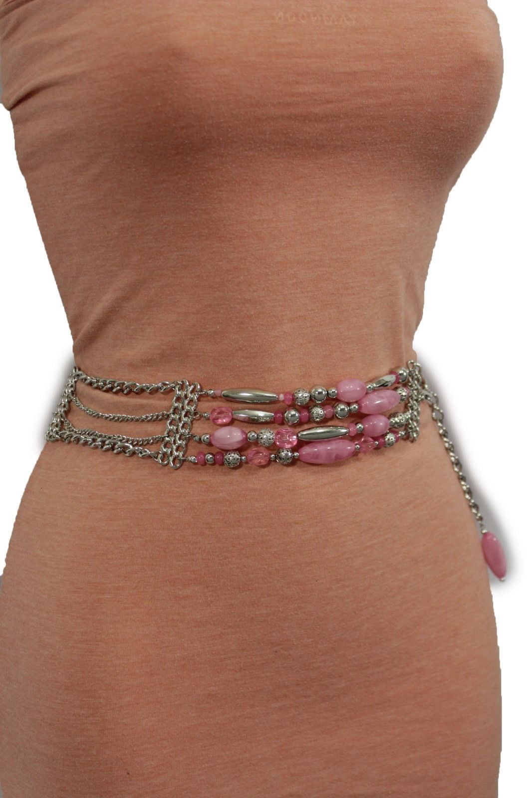 Women Belt Hip Waist Silver Metal Chains Long Pink Bead Charms Fashion