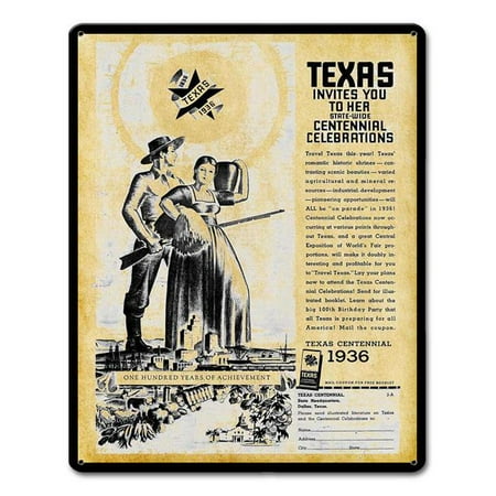 Pasttime Signs AMI303 12 x 15 in. 1936 Texas Centennial Celebration Satin Vintage Metal Sign
Pasttime Signs AMI303 12 x 15 in. 1936 Texas Centennial Celebration Satin Vintage Metal Sign