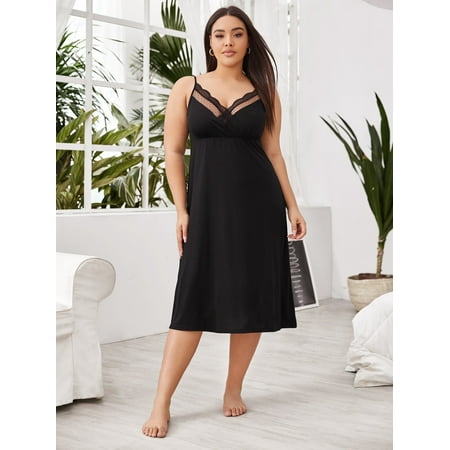 

Elegant Women s Plus Lace Trim Cami Night Dress Black 1XL(14) for Summer F220102Y