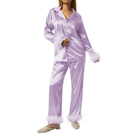 Sunisery Women 2Pcs Silk Satin Pajamas Set Long Sleeve Button Down Feather Trim Blouse Pants PJs Nightwear Loungewear Set
Sunisery Women 2Pcs Silk Satin Pajamas Set Long Sleeve Button Down Feather Trim Blouse Pants PJs Nightwear Loungewear Set
