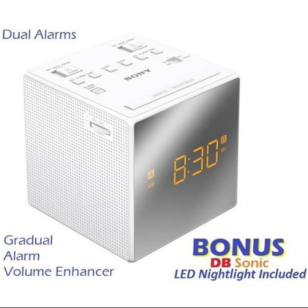 Sony Dual Alarm Clock with AM\/FM Radio, Sleep Timer, Extendable Snooze, Radio or Buzzer Alarm Sound, Brightness Control, White + DB Sonic Nightlight