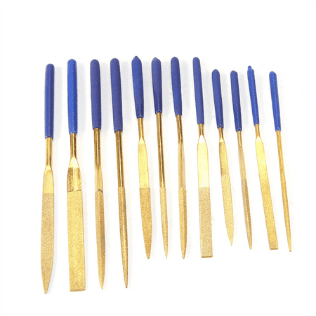 12Pcs Titanium Coated Diamond Files Set Soft Rubber Handles Shapes Diamond Needle Files for Metal Glass Ceramics
12Pcs Titanium Coated Diamond Files Set Soft Rubber Handles Shapes Diamond Needle Files for Metal Glass Ceramics