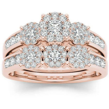 1 Carat T.W. Diamond Cluster 10kt Rose Gold Engagement Ring Set