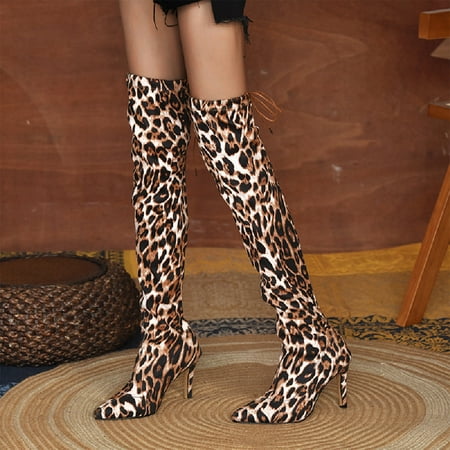Egmy Women S Shoes Laceing Pointed High Heels Leopard Resilience High Boots