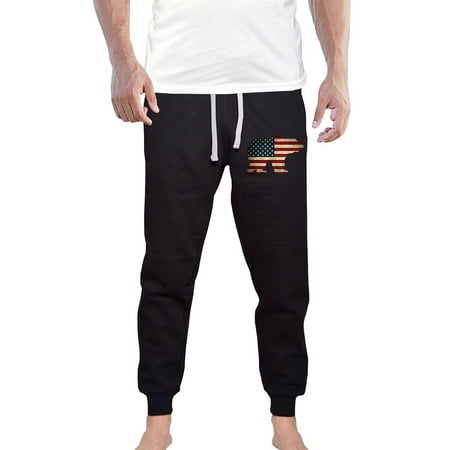 Men's US Flag Bear KT B1224 Black Fleece Gym Jogger Sweatpants Small Black