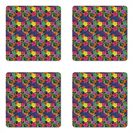 

Colorful Coaster Set of 4 Vibrant Colored Bedding Plants Hibiscus Bloom Lush Floral Jungle in Summer Time Square Hardboard Gloss Coasters Standard Size Multicolor by Ambesonne