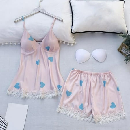 Sayhi Pajamas Satin Two Piece Sleepwear Soft Strap Pajama Sets Loungewear Women s Sleepwear Cami Top and Shorts Pink S