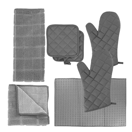 Kitchen Towels - Set Includes: 2 Oven Mitts 2 Pot Holder 1 Kitchen Towel 2 Dish Cloths 1 Dish Drying Mat Gray
Kitchen Towels - Set Includes: 2 Oven Mitts 2 Pot Holder 1 Kitchen Towel 2 Dish Cloths 1 Dish Drying Mat Gray