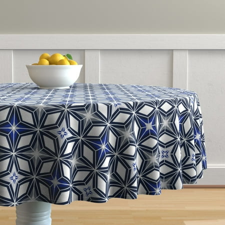 Round Tablecloth Midcentury Modern Geometric Navy Blue Retro Mod Cotton Sateen