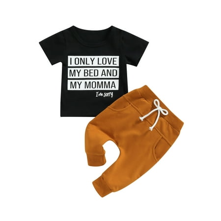 Frobukio 2Pcs Toddler Baby Boys Summer Outfit Sets Short Sleeve Round Neck Letter Print T-shirt Drawstring Pants Black 0-6 Months
Frobukio 2Pcs Toddler Baby Boys Summer Outfit Sets Short Sleeve Round Neck Letter Print T-shirt Drawstring Pants Black 0-6 Months