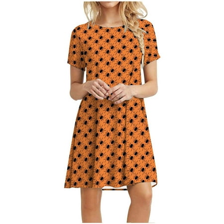 

Women’s Halloween Tunic Dress Casual Summer Round Neck Short Sleeve Flowy Babydoll Swing Mini Shift Dresses Print Plus Size Loose Fit Holiday Beach Dresses