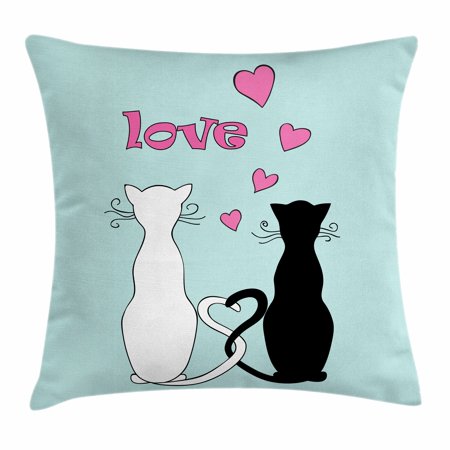 Cat Throw Pillow Cushion Cover, Black and White Kitty Cat Couple with Tails Tangled and in Love with Romantic Hearts, Decorative Square Accent Pillow Case, 24 X 24 Inches, Multicolor, by Ambesonne