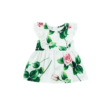 

Gureui Toddler Infant Baby Girls Dress Casual Flower Print Round Neck Ruffle Flying Sleeve Back Zipper Kids Dress