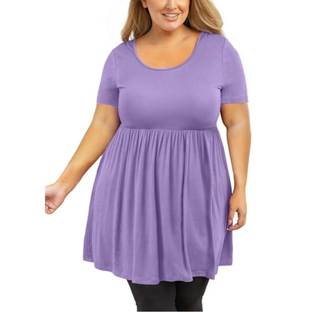 

SHOWMALL Plus Size Tunic for Women Short Sleeve Scoop Neck Top Light Purple 1X Pleated Clothes Flowy Loose Fit Maternity Babydoll T Shirt