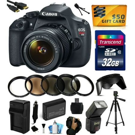 Canon EOS Rebel T5 EF-S 18-55mm IS II Digital SLR Kit with 32GB Memory, Flash, Battery, Charger, 5 Piece Filters, Card Reader, Grip Strap, HDMI Mini Cable, Cleaning Kit, $50 Gift Card 9126B003 Canon EOS Rebel T5 EF-S 18-55mm IS II Digital SLR Kit with 32GB Memory, Flash, Battery, Charger, 5 Piece Filters, Card Reader, Grip Strap, HDMI Mini Cable, Cleaning Kit, $50 Gift Card 9126B003