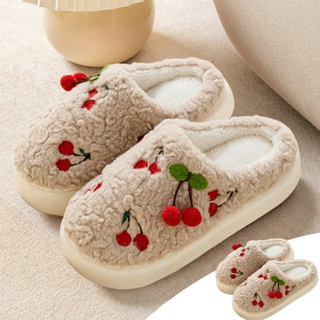 

Augper Cotton Slippers For Women In Winter Cute Cherries Internet Personality Home Shoes Indoor Warm Thick-Soled Avoid Slippers