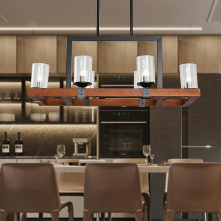 LANTRO JS Retro square wooden chandelier glass lamp 6 bulb