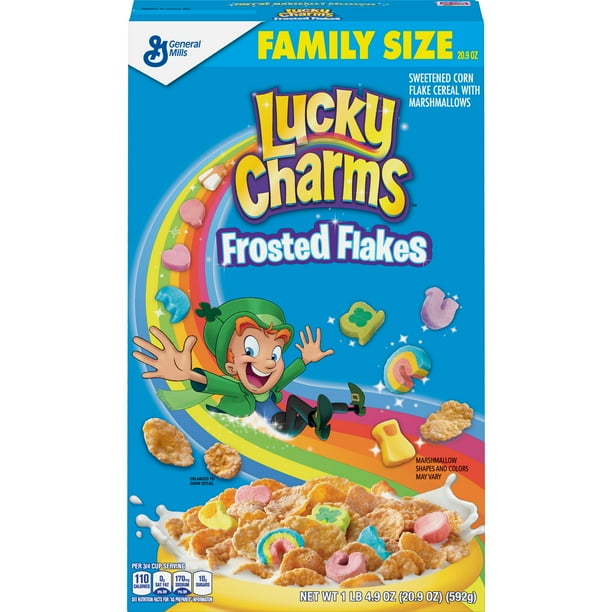 General Mills, Lucky Charms Breakfast Cereal, with Frosted Flakes, Marshmallow Cereal, Family Size, 20.9 oz