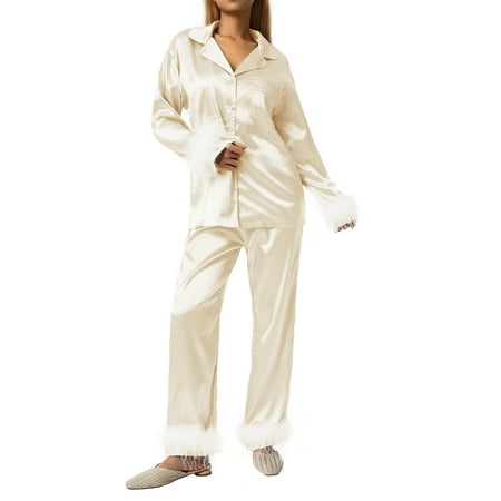 Liacowi Women s Sleepwear Feather Decoration Long Sleeve Button-Down Lapel Collar Tops + Pants Pajamas Set
Liacowi Women s Sleepwear Feather Decoration Long Sleeve Button-Down Lapel Collar Tops + Pants Pajamas Set
