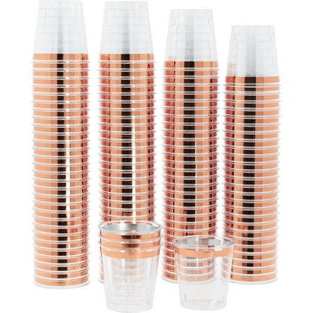 120 Hard Clear Plastic Shot Glasses - 1 oz Metallic Rose Gold Rim Cups